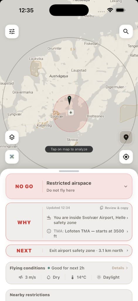 GoNoGo NO GO in restricted airspace at Svolvær Airport